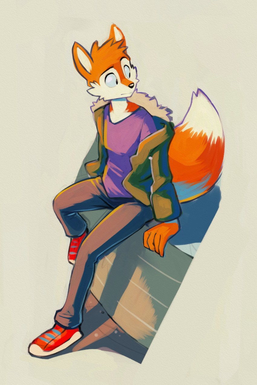 2022 anthro bottomwear building canid canine car clothing ducky_(artist) female fox fur hi_res hoodie looking_back macro mammal multicolored_body multicolored_fur pants purple_clothing purple_shirt purple_topwear shirt sitting solo topwear vehicle