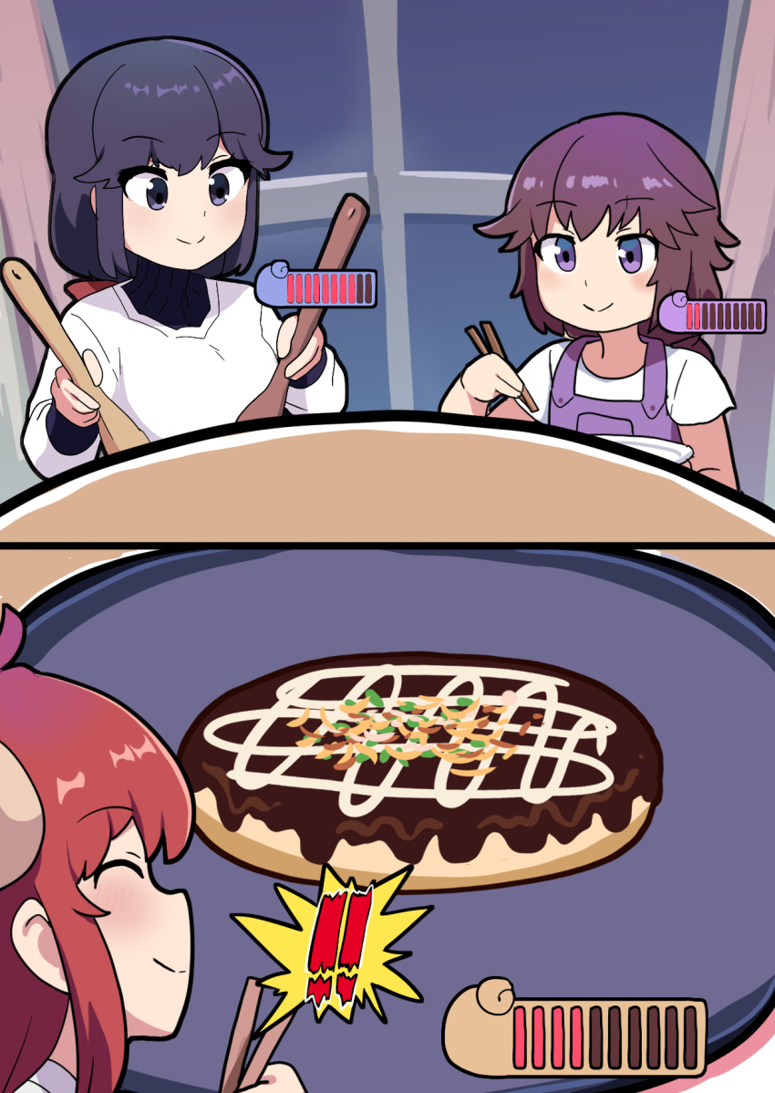 ! !! 3girls bangs black_eyes black_hair black_shirt blush brown_hair chopsticks closed_eyes closed_mouth commentary_request demon_girl food fuka_(kantoku) highres horns kirby_(series) kirby_squeak_squad long_hair machikado_mazoku multiple_girls okonomiyaki overalls purple_eyes purple_overalls red_hair shirt smile turtleneck upper_body white_shirt window yoshida_ryouko yoshida_seiko yoshida_yuuko_(machikado_mazoku)