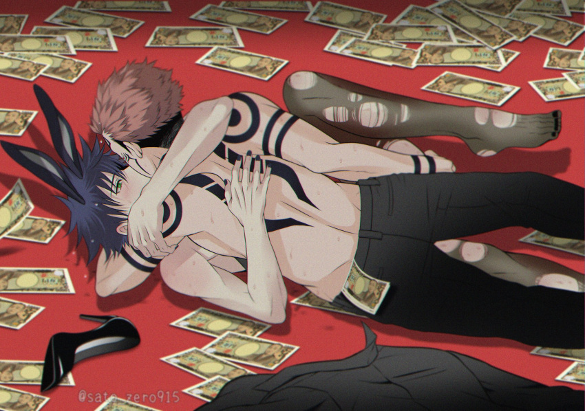 2boys animal_ears arm_tattoo ass back_tattoo bangs bare_shoulders black_footwear black_hair black_leotard black_pants blush commentary_request eyelashes facial_tattoo feet fingernails full_body fushiguro_megumi green_eyes hair_between_eyes high_heels highres hug implied_anal implied_sex jujutsu_kaisen kiss leg_up leotard looking_at_another lying male_focus male_playboy_bunny male_prostitution money multiple_boys nail_polish on_floor on_side pants pantyhose pink_hair prostitution rabbit_ears ryoumen_sukuna_(jujutsu_kaisen) sato_zero915 shirt_removed shoes shoes_removed short_hair shoulder_tattoo spiked_hair strapless strapless_leotard sweat tattoo thighs toenails toes topless_male torn_clothes torn_legwear undercut yaoi