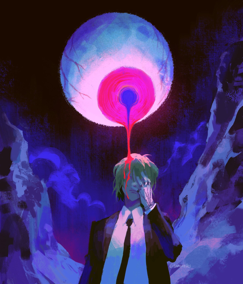 1boy bangs black_jacket black_necktie blonde_hair blood blue_background chain collared_shirt commentary covered_face english_commentary eyeball facing_viewer formal frown hand_on_own_face hand_up highres hunter_x_hunter jacket jewelry kurapika long_sleeves lunarelles male_focus melting multiple_rings necktie ring shirt short_hair smoke solo suit upper_body veins white_shirt