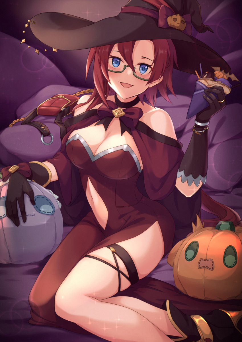 1girl :d altheavin black-framed_eyewear black_gloves blue_eyes blush breasts cleavage clothing_cutout commentary_request crepe dress food glasses gloves halloween_costume hat highres holding holding_food jack-o'-lantern jack-o'-lantern_hat_ornament labyrista large_breasts navel navel_cutout princess_connect! purple_dress red_hair semi-rimless_eyewear sitting smile solo under-rim_eyewear witch_hat