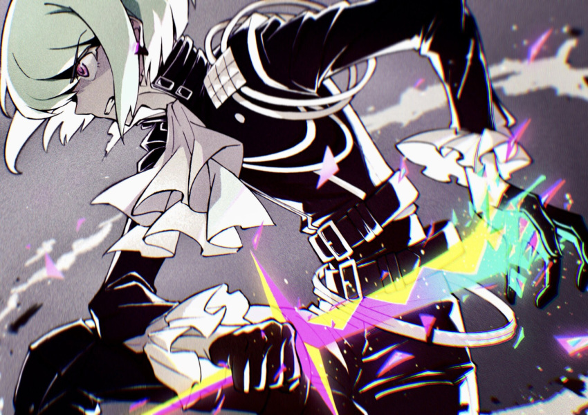 1boy androgynous belt biker_clothes black_jacket black_pants clenched_teeth fire frilled_sleeves frills from_side gloves green_hair half_gloves holding holding_sword holding_weapon jacket lio_fotia male_focus multiple_belts pants promare purple_eyes pyrokinesis short_hair sidelocks solo somu_ki sword teeth weapon