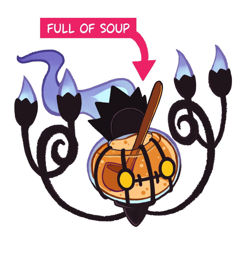 arrow_(symbol) chandelier chandelure commentary english_text fire flame food full_body highres ladle no_humans pokemon pokemon_(creature) rei_(esprei96) solo soup white_background yellow_eyes