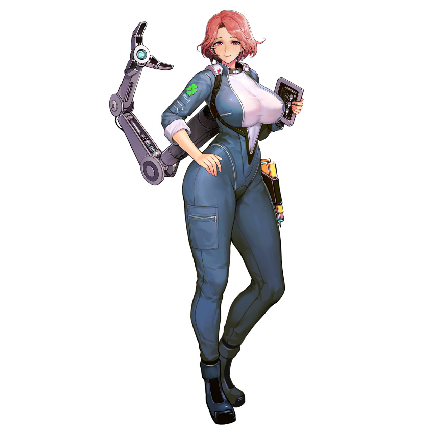 1girl bangs bodysuit boots breasts collar fortune_(last_origin) full_body game_cg hand_on_hip harness highres impossible_clothes impossible_shirt large_breasts last_origin looking_at_viewer mechanical_arms official_art parted_bangs pink_eyes pink_hair plunging_neckline shirt short_hair sima_(startwitch) single_mechanical_arm sleeves_rolled_up smile solo sweatdrop tablet_pc tachi-e transparent_background wide_hips