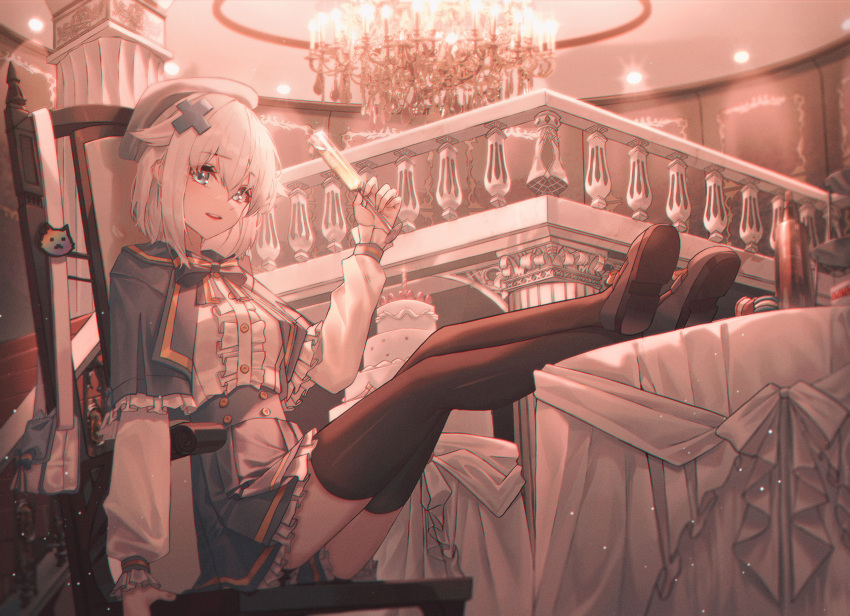 1girl absurdres bangs blue_capelet blue_eyes blue_skirt brown_thighhighs cake capelet center_frills chandelier cup domi_(hongsung0819) drinking_glass feet_on_table food frilled_capelet frilled_skirt frills gosegu hair_between_eyes hair_ornament hat highres holding holding_cup indoors layer_cake light_particles long_sleeves on_chair parted_lips pleated_skirt puffy_long_sleeves puffy_sleeves shirt shoes short_hair skirt solo thighhighs virtual_youtuber waktaverse white_hair white_shirt x_hair_ornament