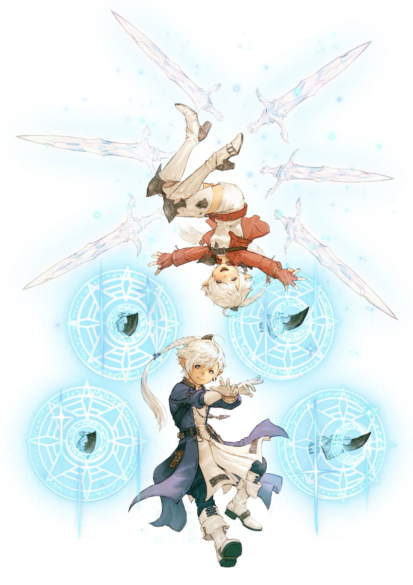 1boy 1girl 45liza109 alisaie_leveilleur alphinaud_leveilleur boots brother_and_sister elezen elf final_fantasy final_fantasy_xiv floating floating_object floating_weapon gloves glowing glowing_sword glowing_weapon highres jacket looking_at_viewer midair pointy_ears red_jacket siblings smile thigh_boots twins upside-down weapon white_footwear white_gloves white_hair