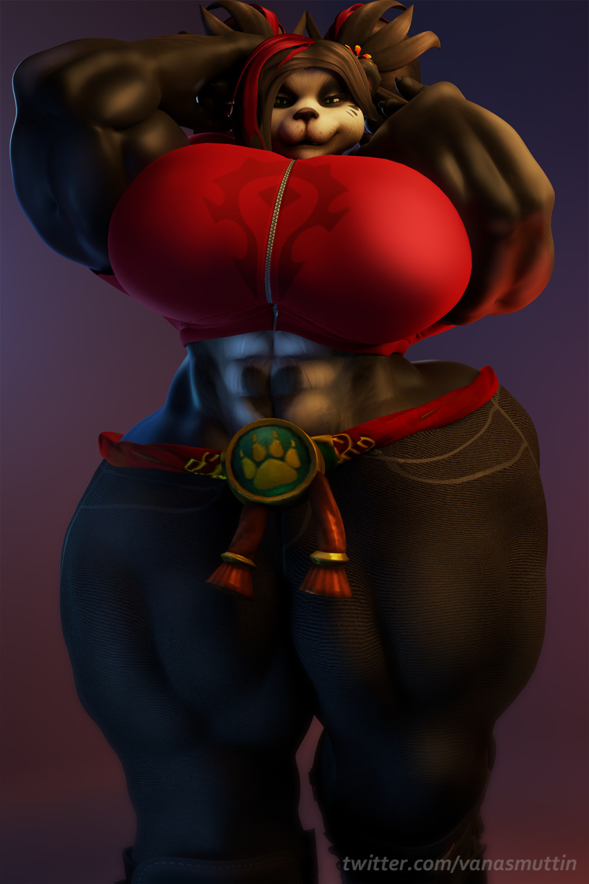 abs amazon anthro big_breasts big_butt big_muscles blizzard_entertainment breasts butt female female_focus giant_panda hi_res horde huge_breasts huge_muscles huge_thighs hyper hyper_breasts hyper_muscles macro mammal muscular pandaren solo thick_thighs ursid vanasmuttin video_games warcraft