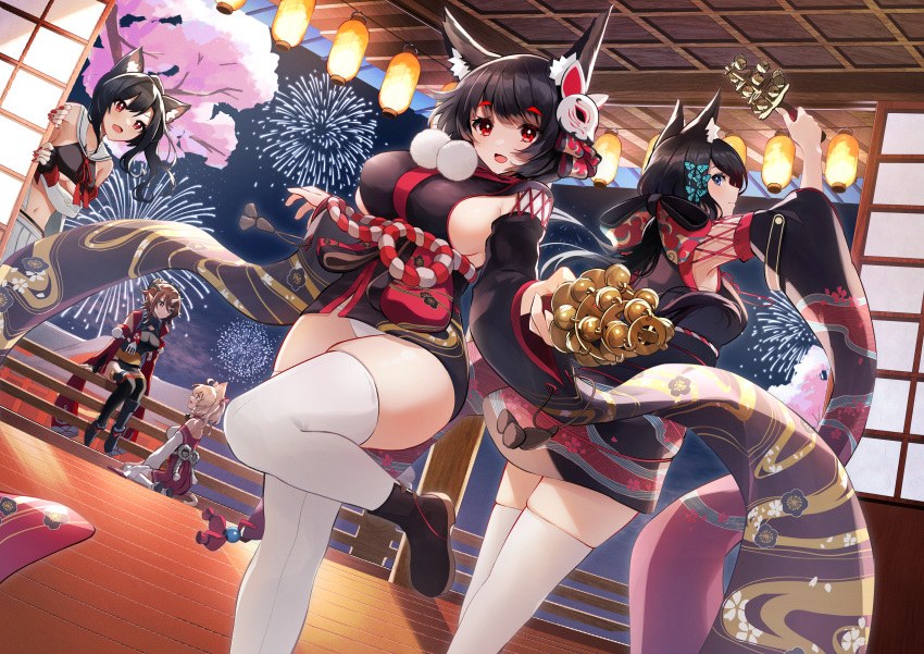 5girls absurdres animal_ear_fluff animal_ears azur_lane bell black_hair black_kimono blue_butterfly breasts brown_hair bug butterfly butterfly_hair_ornament cat_ears cat_girl cat_mask crop_top dancing fang festival fireworks fox_mask fusou_(azur_lane) hair_ornament highres horns japanese_clothes jingle_bell kimono lantern large_breasts light_brown_hair long_hair loungewear mask mask_on_head medium_breasts medium_hair michishio_(azur_lane) miniskirt mogami_(azur_lane) multiple_girls night open_mouth paper_lantern pleated_skirt ponytail red_eyes red_ribbon red_skirt ribbon sailor_collar school_uniform serafuku shigure_(azur_lane) short_kimono single_horn sitting skirt small_breasts smile tail tail_bell tail_ornament thighhighs white_sailor_collar white_skirt wolf_ears wolf_girl wolf_tail yamaha_tsui yamashiro_(azur_lane)