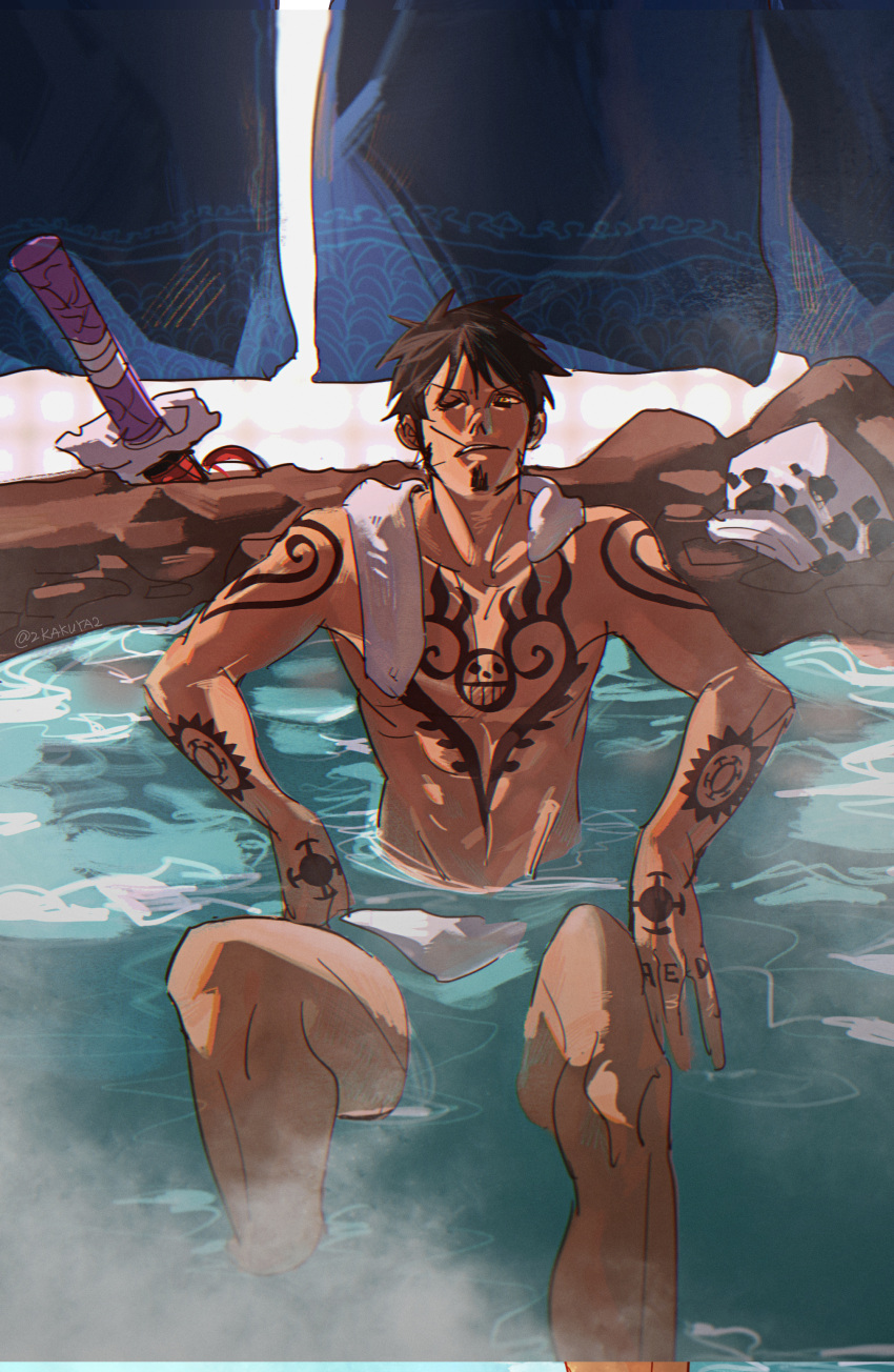 1boy absurdres arm_tattoo bathing black_hair chest_tattoo curtains eeju facial_hair hat hat_removed headwear_removed highres male_focus mouth_hold nude one_eye_closed one_piece onsen partially_submerged sheath sheathed short_hair solo stalk_in_mouth sword tattoo towel towel_around_neck trafalgar_law weapon yellow_eyes