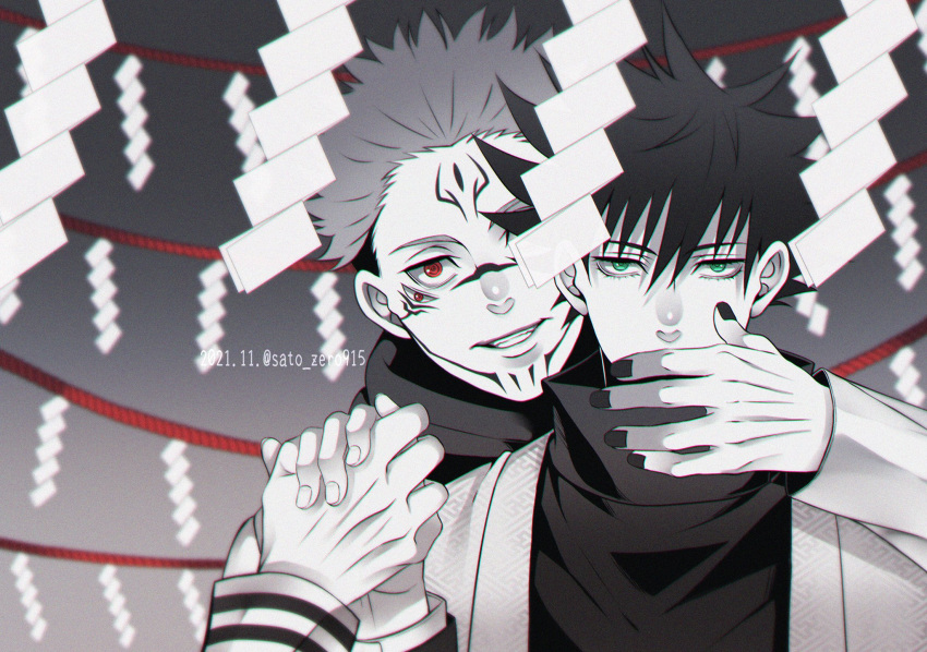 2021 2boys bangs black_nails commentary_request covering_another's_mouth dated evil_smile extra_eyes eyelashes facial_tattoo fingernails fushiguro_megumi green_eyes hair_between_eyes high_collar highres holding_hands jacket jujutsu_kaisen long_sleeves looking_at_viewer male_focus monochrome multiple_boys paper red_eyes ryoumen_sukuna_(jujutsu_kaisen) sato_zero915 short_hair smile spiked_hair spot_color tattoo twitter_username undercut yaoi