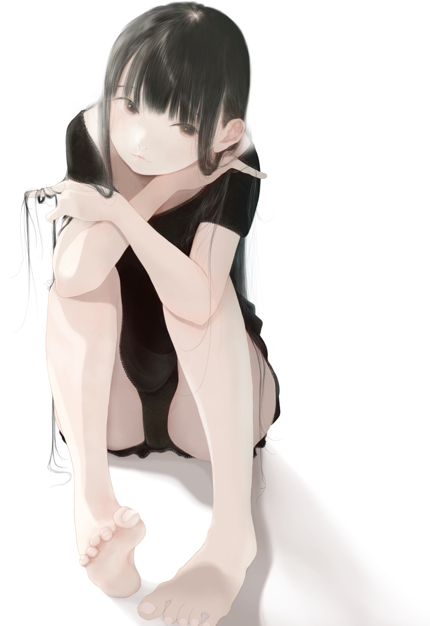 1girl absurdres barefoot black_hair black_panties black_shirt brown_eyes full_body highres junito715 long_hair looking_at_viewer original panties playing_with_own_hair shirt simple_background sitting underwear very_long_hair white_background