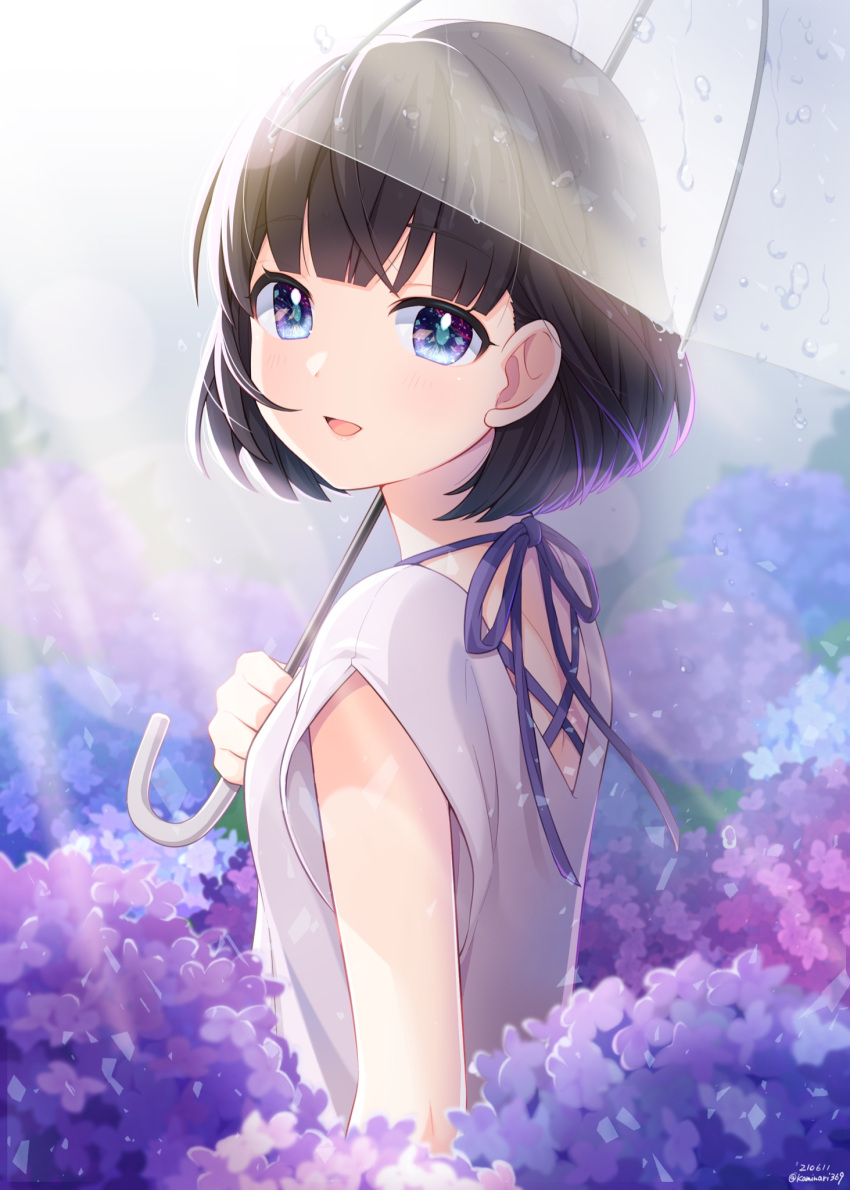 1girl :d artist_name bangs black_hair blue_eyes blunt_bangs commentary_request flower flower_request highres holding holding_umbrella multicolored_eyes open_mouth original purple_eyes purple_theme rai_miruku shirt short_sleeves smile solo transparent transparent_umbrella twitter_username umbrella upper_body water_drop watermark white_shirt