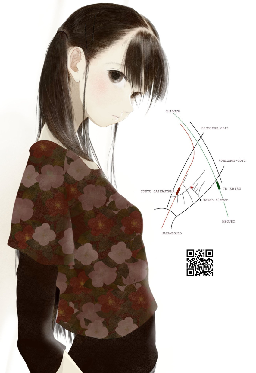 1girl bangs black_eyes black_hair floral_print highres junito715 looking_at_viewer map original qr_code short_sleeves standing white_background