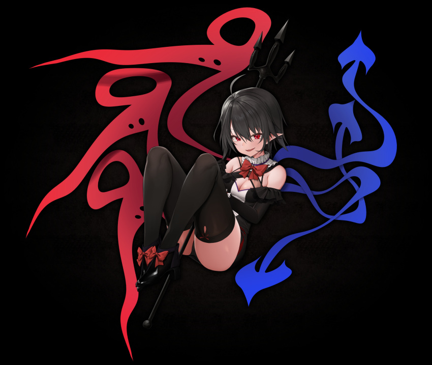 1girl ahoge alternate_costume arrow_(symbol) asymmetrical_wings bangs bare_shoulders black_background black_dress black_footwear black_gloves black_hair black_panties black_thighhighs blush bow bowtie breasts choker colts_bone commentary_request dress elbow_gloves eyes_visible_through_hair flying footwear_bow frilled_choker frills gloves hair_between_eyes hands_up highres houjuu_nue medium_breasts open_mouth panties pointy_ears polearm red_bow red_bowtie shoes short_hair simple_background sleeveless sleeveless_dress smile solo thighhighs tongue touhou trident underwear weapon white_choker wings wrist_cuffs