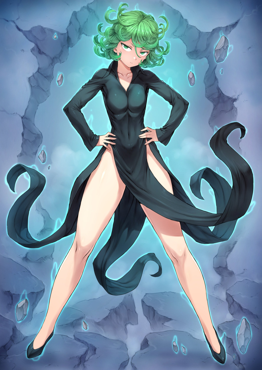 1girl absurdres aura black_dress black_footwear broken_wall curly_hair dress flat_chest green_eyes green_hair highres mogudan one-punch_man short_hair side_slit tatsumaki