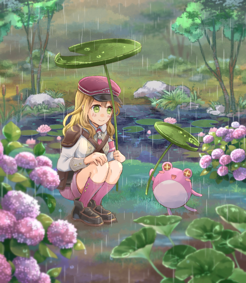 1girl alice_(rune_factory) blonde_hair blush_stickers brown_footwear closed_mouth flower green_eyes highres hina_cassiopeia leaf_umbrella lily_pad monster outdoors pink_flower pink_socks plant rain rune_factory rune_factory_5 smile socks squatting