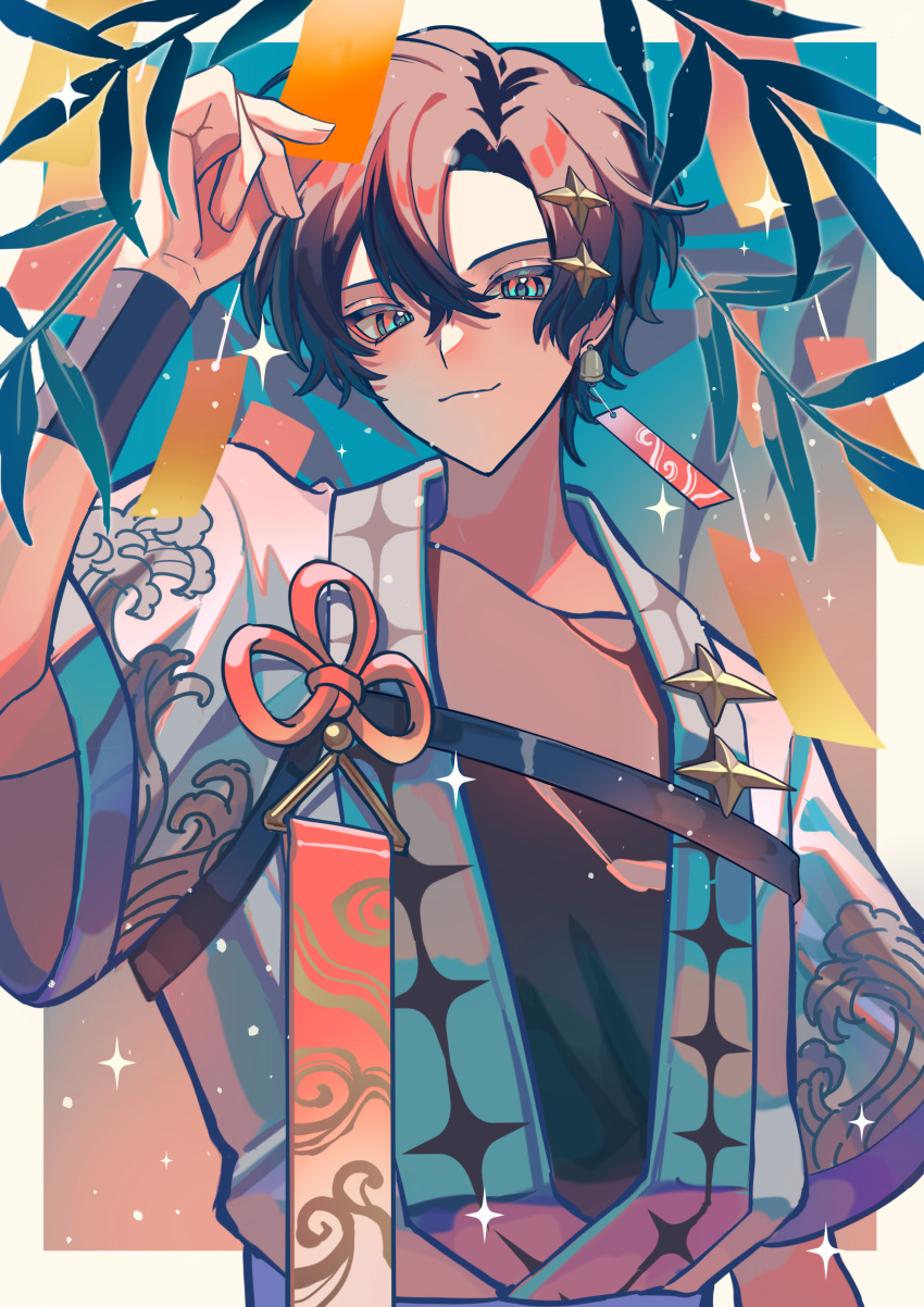 1boy absurdres bamboo_leaf border brown_hair earrings hair_between_eyes hair_ornament haru4aki highres japanese_clothes jewelry leaf looking_at_viewer male_focus multicolored_eyes original single_earring solo sparkle tassel tassel_earrings upper_body wave_print white_border