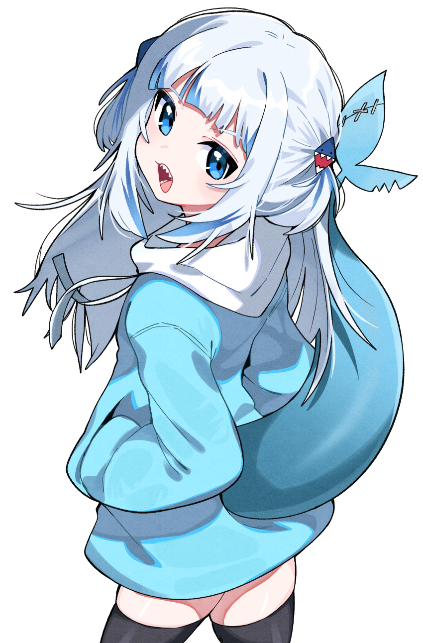 1girl absurdres bangs black_thighhighs blue_eyes blue_hair blue_hoodie commentary drawstring gawr_gura grey_hair hair_ornament hands_in_pockets highres hololive hololive_english hood hood_down hoodie long_hair long_sleeves looking_at_viewer looking_back multicolored_hair open_mouth puffy_long_sleeves puffy_sleeves sharp_teeth simple_background solo streaked_hair teeth thighhighs tosyeo two_side_up virtual_youtuber white_background