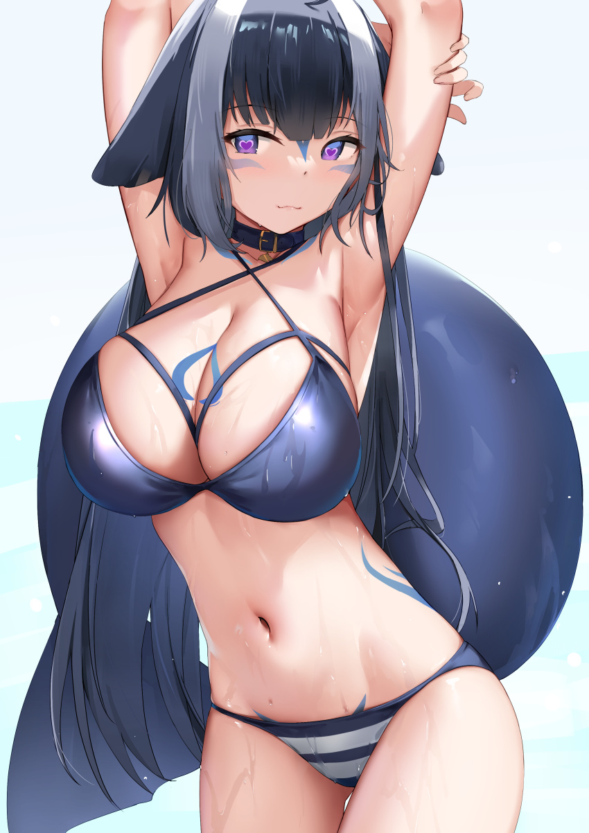 1girl :3 absurdres animal_ears armpits arms_up bangs bikini blue_bikini blue_collar blue_hair blush breasts cetacean_tail cleavage closed_mouth collar cowboy_shot criss-cross_halter facial_mark halterneck heart heart-shaped_pupils highres holding_own_arm indie_virtual_youtuber large_breasts long_hair looking_at_viewer multicolored_hair navel orca_girl purple_eyes shylily simple_background skai_kun solo standing streaked_hair striped striped_bikini swimsuit symbol-shaped_pupils tattoo thigh_gap very_long_hair virtual_youtuber wet white_hair