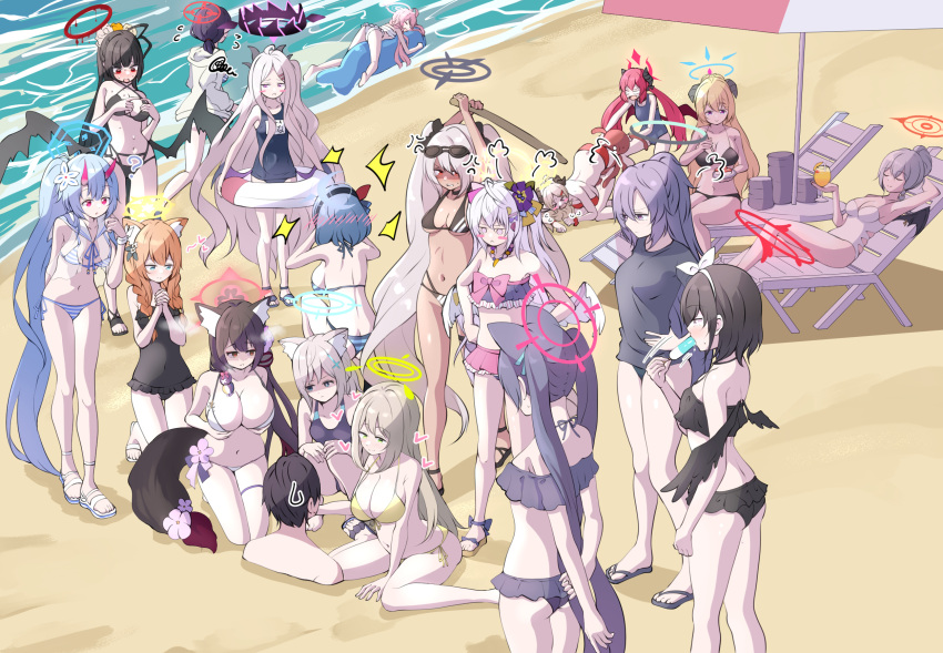 &gt;_&lt; 1boy 6+girls =3 ? absurdly_long_hair ahoge akari_(blue_archive) ako_(blue_archive) alternate_costume alternate_hairstyle anger_vein animal_ear_fluff animal_ears armpits arms_behind_back arms_up ayane_(blue_archive) ayane_(swimsuit)_(blue_archive) azusa_(blue_archive) azusa_(swimsuit)_(blue_archive) bangs bare_shoulders beach bead_necklace beads belt bikini black_bikini black_hair black_hairband black_shirt black_swimsuit black_wings blue_archive blue_eyes blue_hair blush blush_stickers breasts buried cat_ears chise_(blue_archive) chise_(swimsuit)_(blue_archive) cleavage closed_eyes closed_mouth collarbone commentary_request competition_swimsuit cup dark_skin demon_horns demon_wings drinking_glass eyewear_on_head flip-flops flower flying_sweatdrops food fox_ears fox_tail from_above from_behind full_body green_eyes grey_background grey_hair hair_between_eyes hair_flower hair_ornament hairband hairclip halo haruna_(blue_archive) heart highres hina_(blue_archive) hina_(swimsuit)_(blue_archive) holding holding_cup holding_sword holding_weapon horns hoshino_(blue_archive) hoshino_(swimsuit)_(blue_archive) index_fingers_together iori_(blue_archive) iori_(swimsuit)_(blue_archive) izumi_(blue_archive) izumi_(swimsuit)_(blue_archive) jewelry junko_(blue_archive) kneeling large_breasts long_hair looking_at_another low_wings lying mari_(blue_archive) mari_(swimsuit)_(blue_archive) mashiro_(blue_archive) mashiro_(swimsuit)_(blue_archive) mismatched_pupils multiple_girls navel necklace nonomi_(blue_archive) nonomi_(swimsuit)_(blue_archive) ocean octopus off-shoulder_bikini off_shoulder on_back on_stomach one-piece_swimsuit orange_hair own_hands_clasped own_hands_together parasol pink_hair ponytail popsicle popsicle_in_mouth purple_eyes purple_hair red_bikini red_eyes sandals school_swimsuit sensei_(blue_archive) serika_(blue_archive) serika_(swimsuit)_(blue_archive) shaded_face shiroko_(blue_archive) shiroko_(swimsuit)_(blue_archive) shirt short_sleeves side-tie_bikini sidelocks sitting smile spaghetti_strap squatting squiggle standing stomach striped striped_bikini sunglasses sweatdrop swimsuit sword tail thighlet tonomiya68 top-down_bottom-up trapped tsurugi_(blue_archive) tsurugi_(swimsuit)_(blue_archive) twintails two_side_up umbrella very_long_hair wakamo_(blue_archive) wakamo_(swimsuit)_(blue_archive) walking wariza weapon white_bikini wings wooden_sword yellow_bikini yellow_eyes yuuka_(blue_archive)