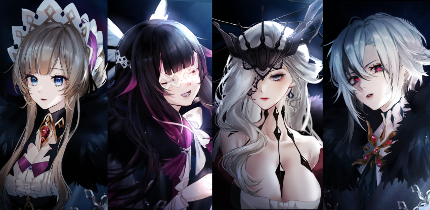 4girls :d arlecchino_(genshin_impact) bare_shoulders between_breasts black_eyes black_hair blonde_hair blue_eyes breasts brooch cleavage closed_eyes closed_mouth coat collarbone columbina_(genshin_impact) eye_mask fur-trimmed_coat fur_trim gem genshin_impact hair_between_eyes hair_flaps hair_over_one_eye hair_over_shoulder head_tilt head_wings headdress highres jewelry kity1211_tetsu lace-trimmed_eyepatch large_breasts lips looking_at_viewer mask mask_on_head multicolored_hair multiple_girls parted_lips red_gemstone red_hair red_pupils sandrone_(genshin_impact) short_hair short_hair_with_long_locks signora_(genshin_impact) smile symbol-shaped_pupils two-tone_hair upper_body white_hair x-shaped_pupils