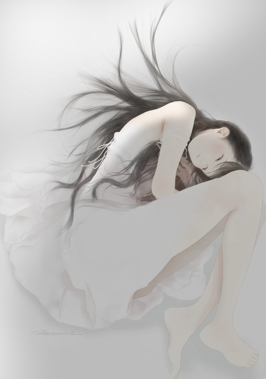 1girl absurdres barefoot black_hair dress fetal_position highres junito715 long_hair lying on_side original signature sleeping very_long_hair white_background white_dress