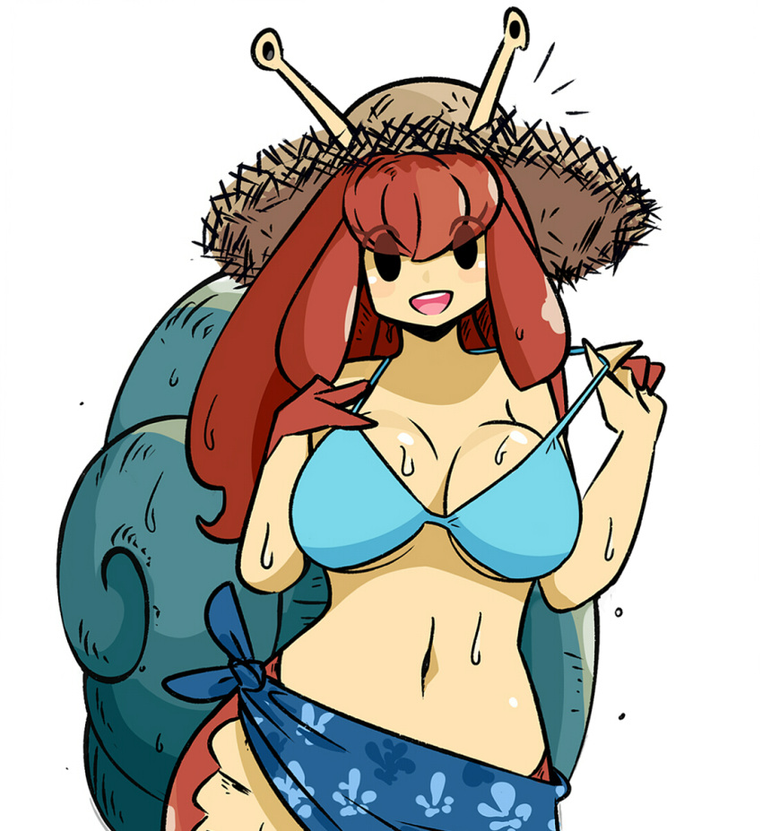 1girl :d bangs bare_arms bare_shoulders bikini bikini_top_only blue_bikini breasts brown_hair commentary eyes_visible_through_hair hat highres large_breasts long_hair looking_at_viewer monster_girl murgoten navel open_mouth original sarong simple_background smile snail_girl snail_shell solid_circle_eyes solo stomach straw_hat sweat swimsuit symbol-only_commentary white_background