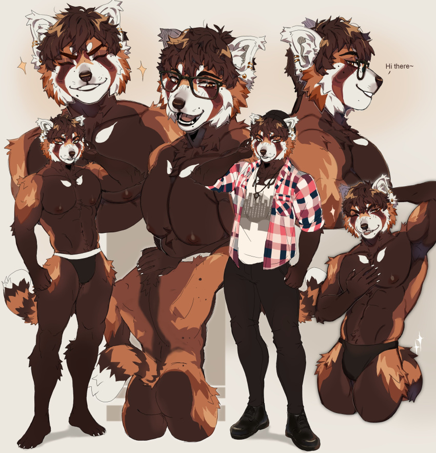 2022 abs absurd_res ailurid anthro brown_body brown_fur bulge butt clenched_teeth clothed clothing eyewear fur glasses hi_res kasusei looking_back male mammal markings model_sheet multicolored_body multicolored_fur muscular muscular_anthro muscular_male nipples open_mouth red_panda sei_kasu smile solo striped_markings striped_tail stripes tail_markings teeth underwear underwear_only white_body white_fur