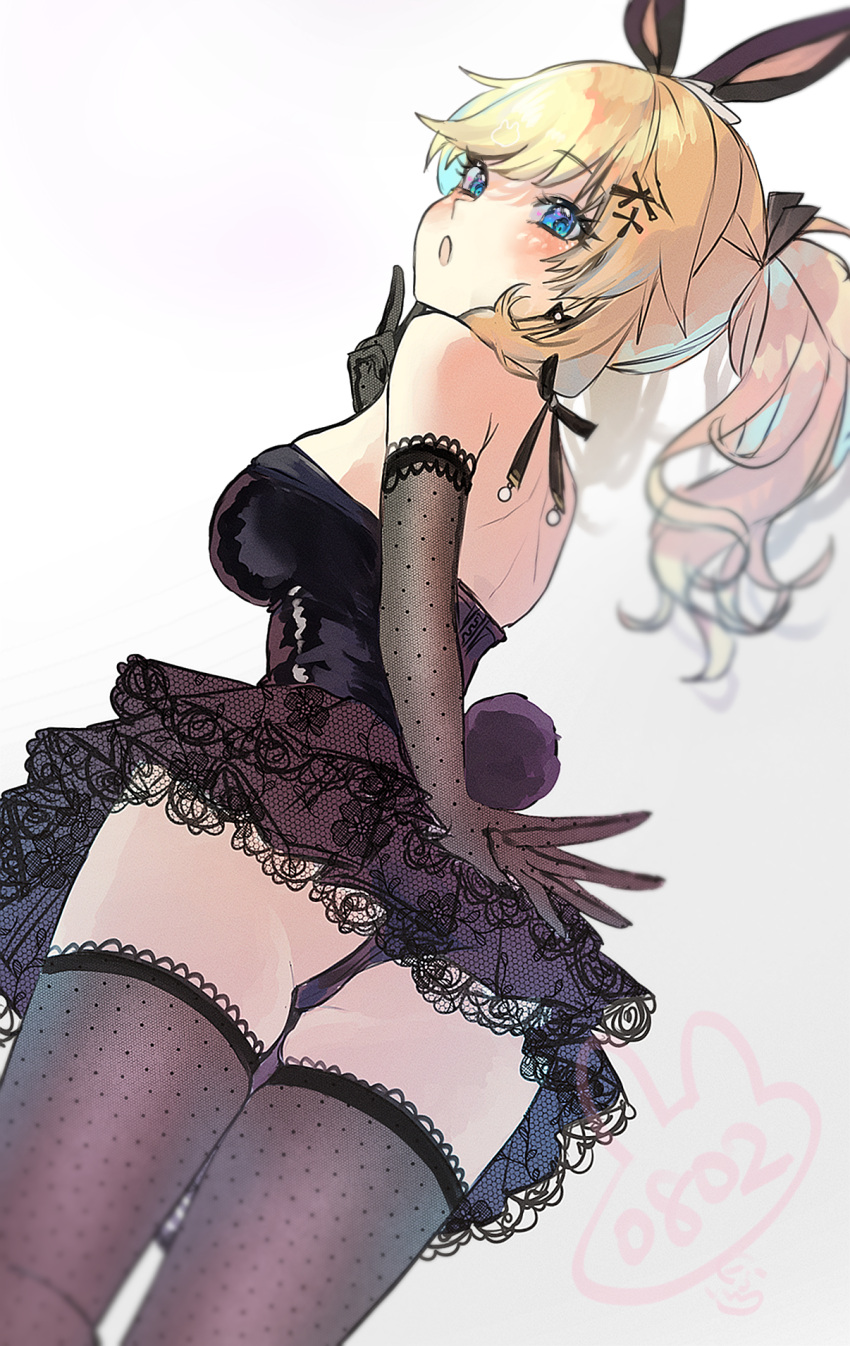 1girl :o animal_ears ass black_dress black_gloves black_panties black_thighhighs blonde_hair blue_eyes blush dress dutch_angle elbow_gloves from_below fujima_(k114) gloves highres idolmaster idolmaster_cinderella_girls lace-trimmed_dress lace_trim looking_at_viewer looking_back ohtsuki_yui panties pantyshot polka_dot polka_dot_gloves polka_dot_legwear rabbit_ears rabbit_tail simple_background solo strapless strapless_dress tail thighhighs underwear wavy_hair white_background