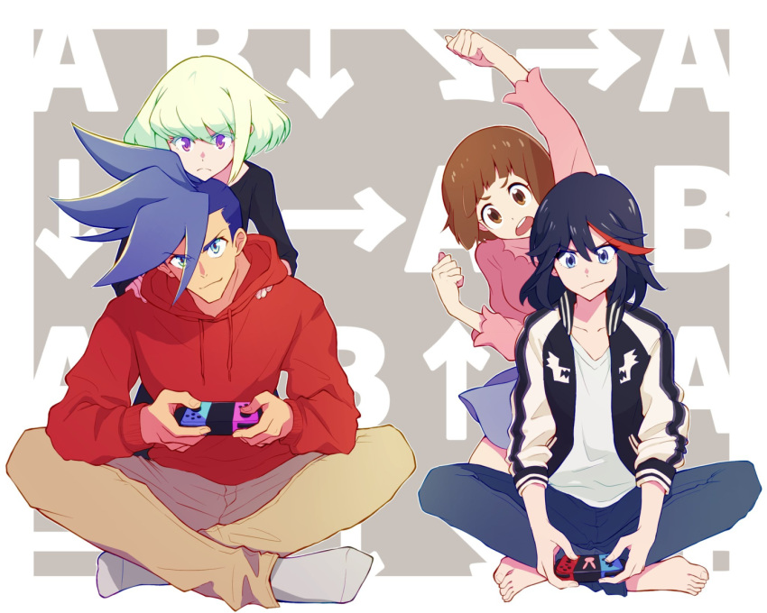 2boys 2girls barefoot black_hair black_jacket black_shirt blue_eyes blue_hair blue_pants bob_cut border brown_eyes brown_hair brown_pants controller crossed_legs galo_thymos green_hair grey_background holding holding_controller hood hoodie jacket joy-con kill_la_kill lio_fotia mankanshoku_mako matoi_ryuuko mohawk multicolored_clothes multicolored_hair multicolored_jacket multiple_boys multiple_girls open_mouth pants pink_shirt playing_games promare purple_eyes red_hair red_hoodie shirt short_hair sidecut sidelocks sitting skirt socks somu_ki streaked_hair two-tone_jacket white_border white_jacket white_socks