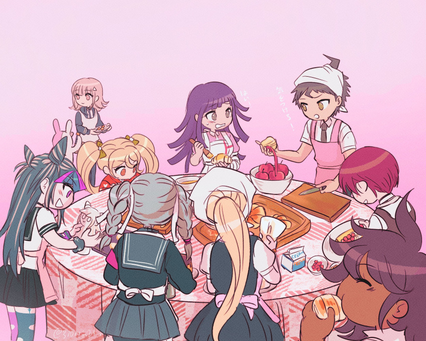 1boy 6+girls :d ahoge alternate_costume apple apron bangs black_hair black_jacket black_skirt blonde_hair blush bow brown_hair collared_shirt cooking croissant cup danganronpa_(series) danganronpa_2:_goodbye_despair dark-skinned_female dark_skin dress eating food fruit gradient gradient_background green_bow green_dress green_necktie green_skirt hair_bow happy highres hinata_hajime holding jacket japanese_clothes kimono koizumi_mahiru looking_at_another medium_hair midori_(310ri_21) miniskirt mioda_ibuki monomi_(danganronpa) multiple_girls nanami_chiaki necktie open_clothes open_jacket open_mouth orange_kimono owari_akane pekoyama_peko pink_apron pink_background pink_hair pleated_skirt ponytail red_hair sailor_collar saionji_hiyoko shirt short_hair skirt smile sonia_nevermind table thighhighs torn_thighhighs triangle_hair_ornament tsumiki_mikan twintails two-tone_shirt white_shirt