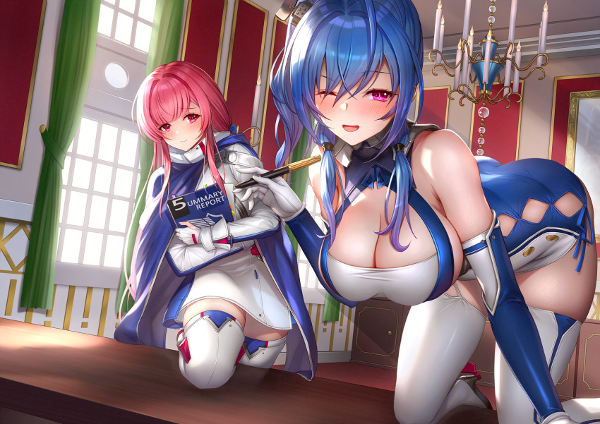 2girls all_fours azur_lane bare_shoulders blue_eyes blush breasts brick_(atelier_brick) cape cleavage cleavage_cutout clothing_cutout desk dress gloves hanging_breasts indoors large_breasts long_hair looking_at_viewer multiple_girls on_desk one_eye_closed open_mouth pen pink_eyes princeton_(azur_lane) purple_eyes red_eyes short_dress smile st._louis_(azur_lane) thighhighs thighs tight tight_dress zettai_ryouiki