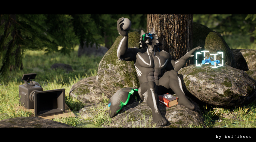 3d_(artwork) anthro ball book camera canid canine canis day depth_of_field digital_media_(artwork) forest fur fur_markings grass hi_res looking_up male mammal markings outside plant rock sitting solo tree unreal_engine unreal_engine_5 vehicles white_markings wolf wolfikous