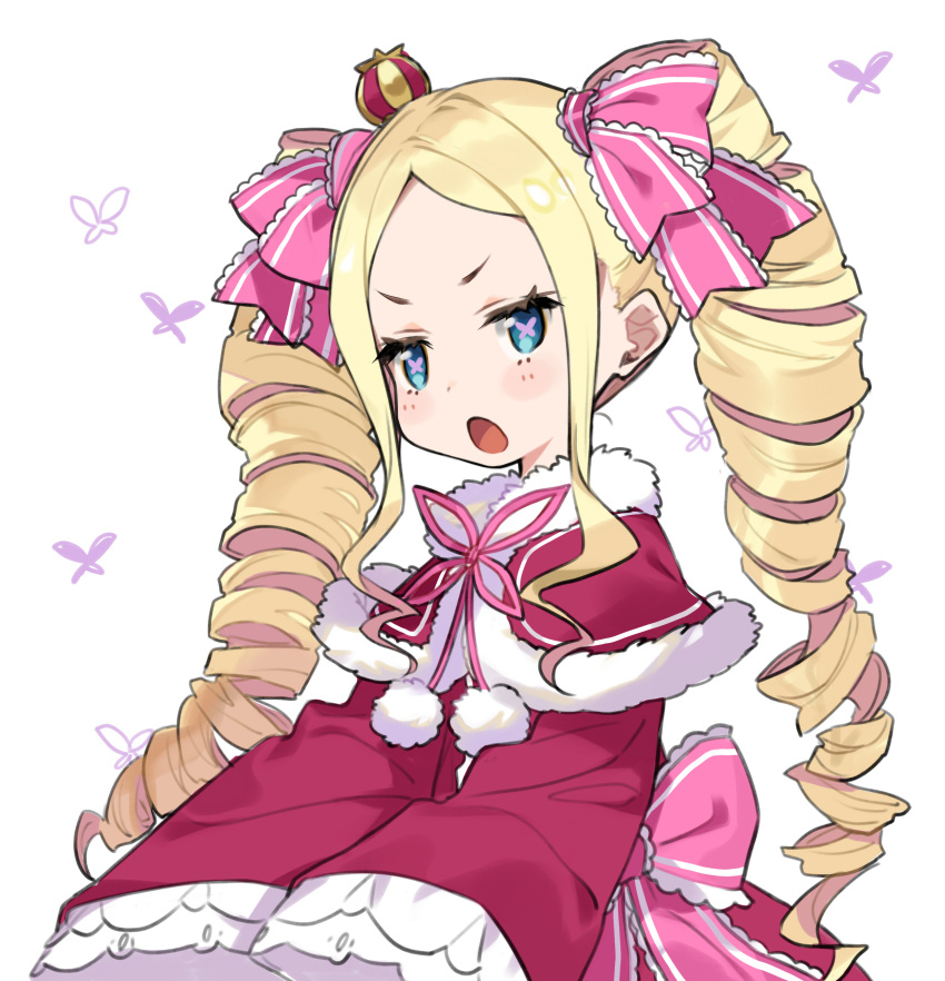 1girl absurdres beatrice_(re:zero) blonde_hair blue_eyes blush_stickers dress drill_hair hair_ornament hair_ribbon highres long_sleeves looking_at_viewer open_mouth re:zero_kara_hajimeru_isekai_seikatsu red_dress ribbon sidelocks simple_background solo symbol-shaped_pupils twin_drills upper_body white_background yuu_(higashi_no_penguin)