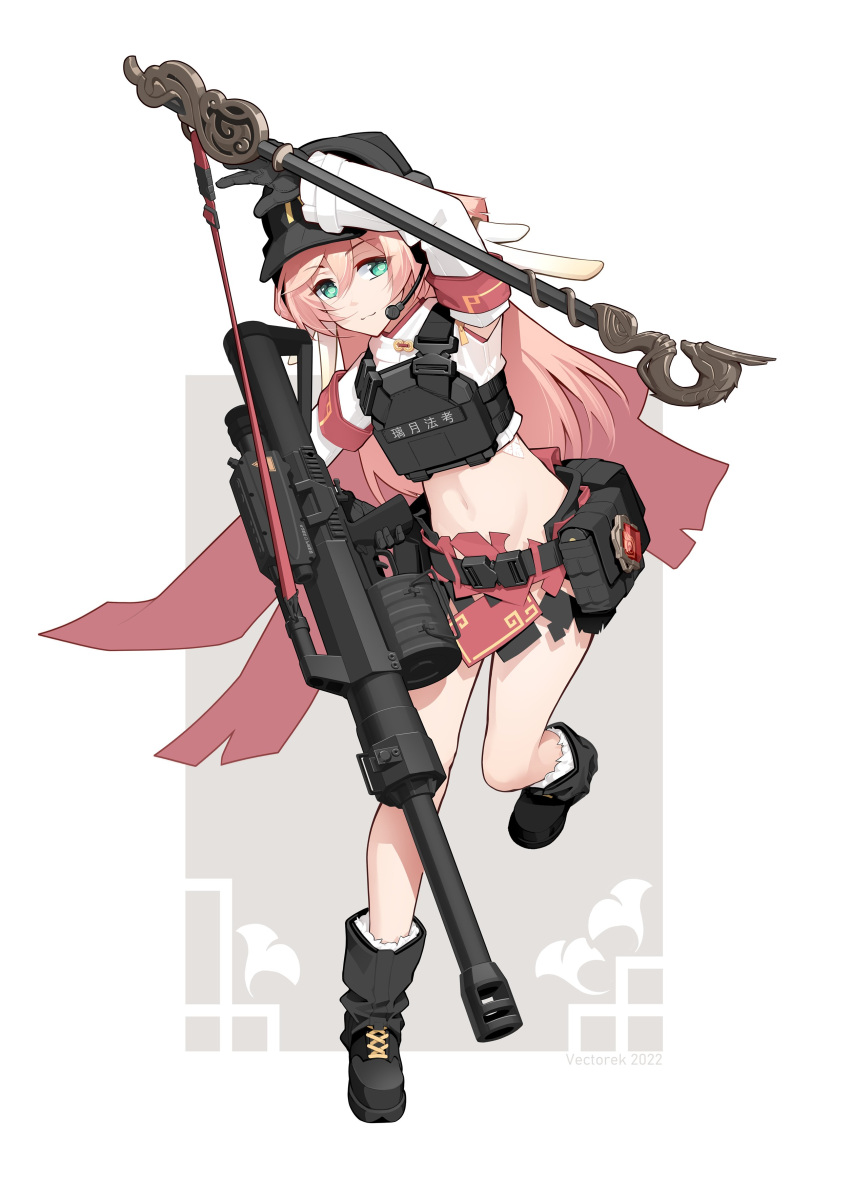 1girl absurdres antlers armor baseball_cap belt black_belt black_footwear black_headwear boots breastplate english_commentary genshin_impact green_eyes gun hat headset highres holding holding_gun holding_staff holding_weapon long_hair midriff navel pink_hair red_skirt skirt smile solo staff vectorek very_long_hair weapon yanfei_(genshin_impact)