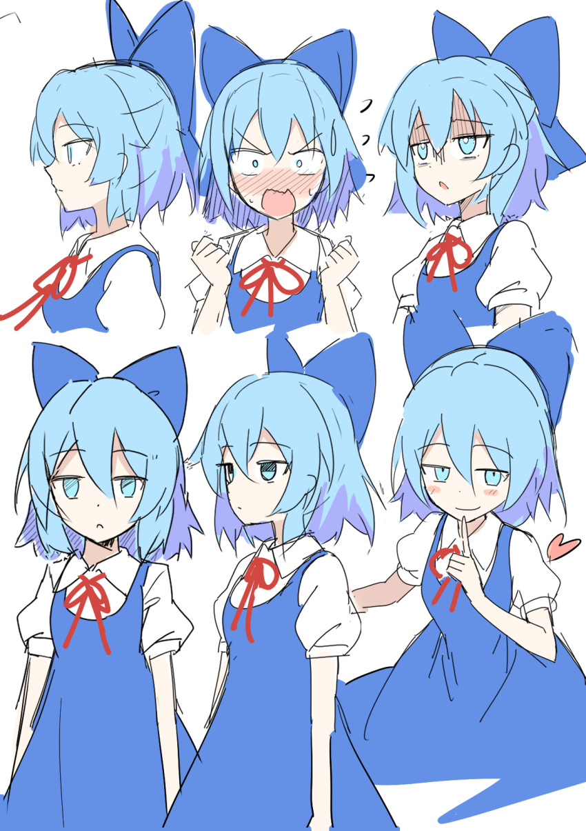 1girl blue_bow blue_dress blue_eyes blue_hair blush bow cirno closed_mouth collared_shirt dress e.o. fairy hair_between_eyes hair_bow heart highres multiple_views open_mouth puffy_short_sleeves puffy_sleeves shirt short_hair short_sleeves simple_background sketch smile touhou white_background white_shirt