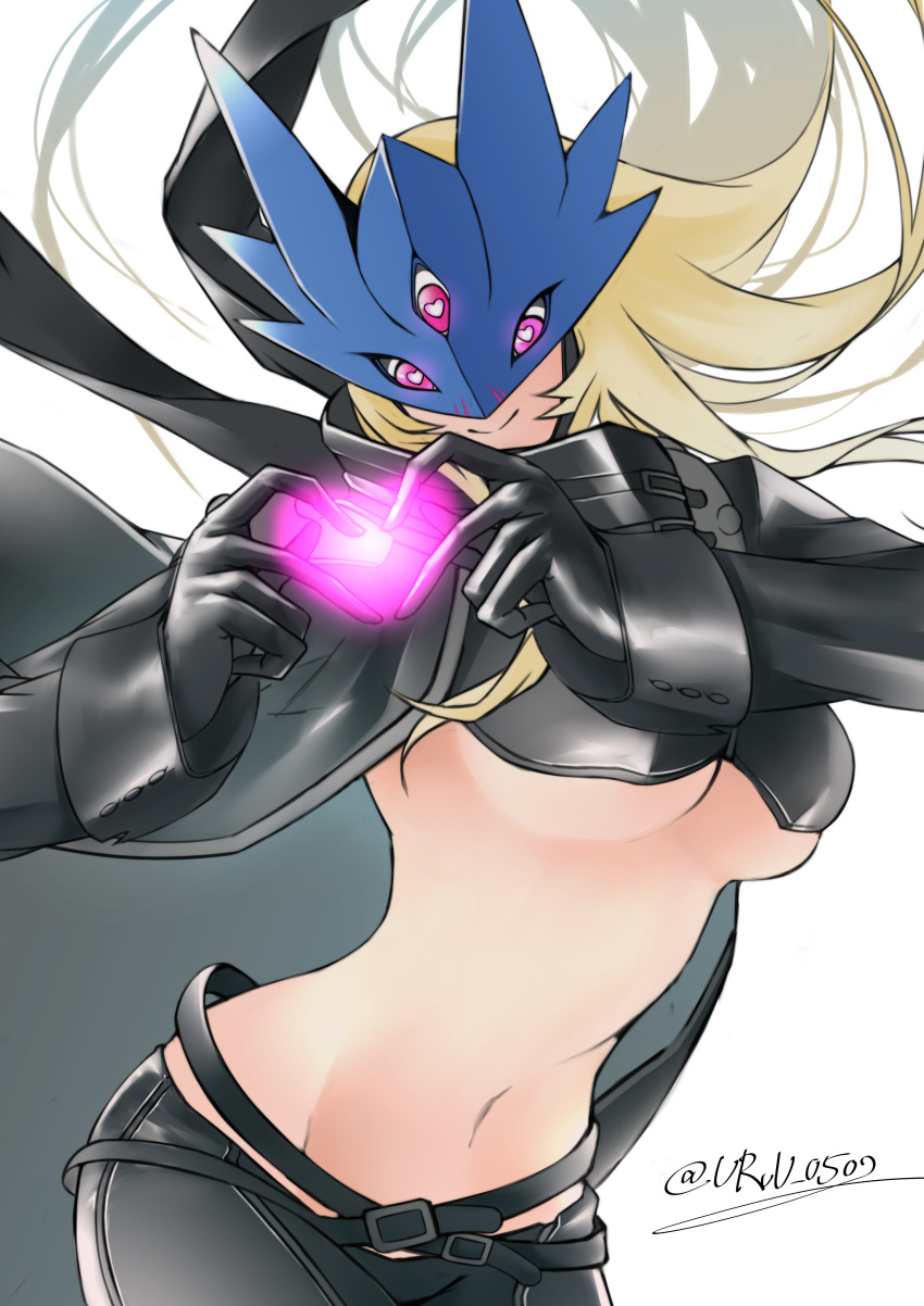 1girl absurdres artist_name bangs beelzebumon belt belt_collar black_belt black_gloves black_jacket black_pants blonde_hair blue_mask breasts collar digimon digimon_(creature) digimon_tamers genderswap genderswap_(mtf) gloves glowing grey_background groin hands_up heart heart-shaped_pupils heart_hands highres jacket jiyuuya large_breasts leaning_forward light long_hair long_sleeves mask navel pants red_eyes shiny shiny_clothes simple_background smile solo stomach symbol-shaped_pupils tail wings