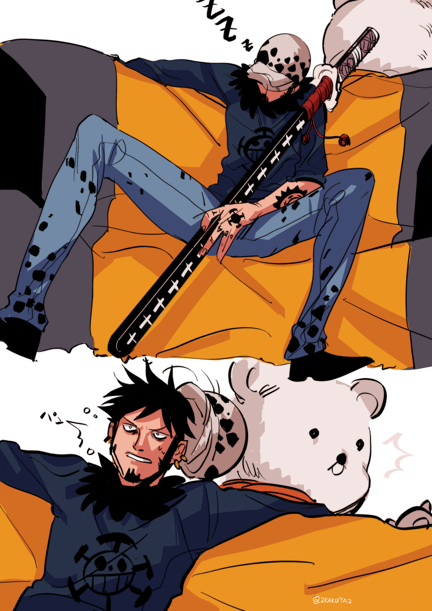 1boy absurdres animal arm_tattoo bear bepo black_hair couch eeju facial_hair fur_collar grey_shirt hat hat_removed headwear_removed highres male_focus one_piece outstretched_arms pants polar_bear sheath sheathed shirt sitting sleeping sleeping_upright sleeves_rolled_up sword tattoo trafalgar_law waking_up weapon zzz