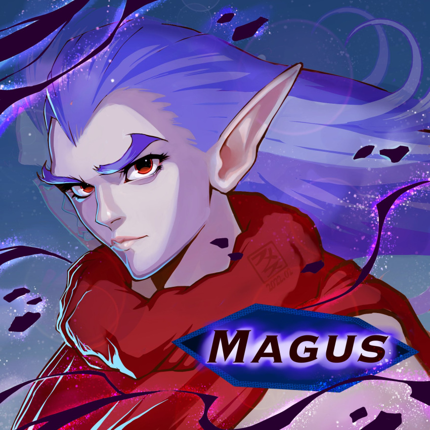 1boy blue_hair character_name chrono_trigger cloak debris fumezu1 hair_slicked_back highres long_hair looking_at_viewer magus_(chrono_trigger) male_focus pale_skin pointy_ears portrait red_cloak red_eyes solo thick_eyebrows upper_body widow's_peak