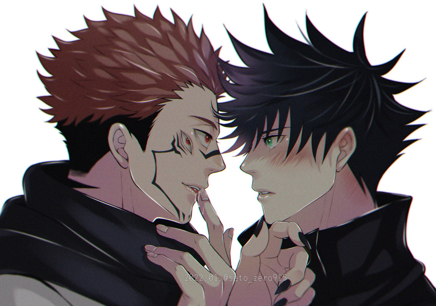 2boys bangs black_hair black_jacket black_nails black_scarf blush commentary_request extra_eyes eye_contact facial_tattoo finger_to_another's_mouth fingernails fushiguro_megumi grabbing_another's_chin green_eyes hair_between_eyes hand_on_another's_chin high_collar highres jacket jujutsu_kaisen licking licking_finger looking_at_another male_focus multiple_boys parted_lips pink_hair red_eyes ryoumen_sukuna_(jujutsu_kaisen) saliva sato_zero915 scarf sharp_teeth short_hair spiked_hair tattoo teeth undercut white_background yaoi