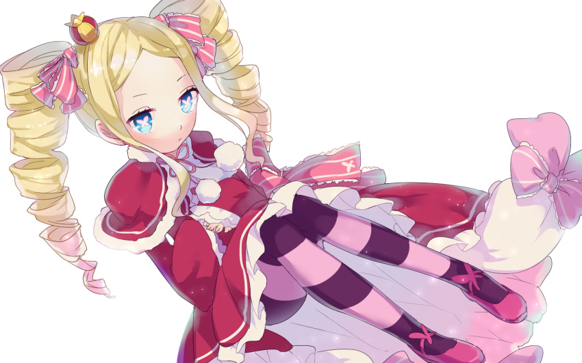 1girl beatrice_(re:zero) blonde_hair blue_eyes bureax3000 dress drill_hair expressionless full_body hair_ornament hair_ribbon highres pantyhose re:zero_kara_hajimeru_isekai_seikatsu red_dress ribbon shoes sidelocks simple_background sitting solo striped striped_pantyhose symbol-shaped_pupils twin_drills white_background