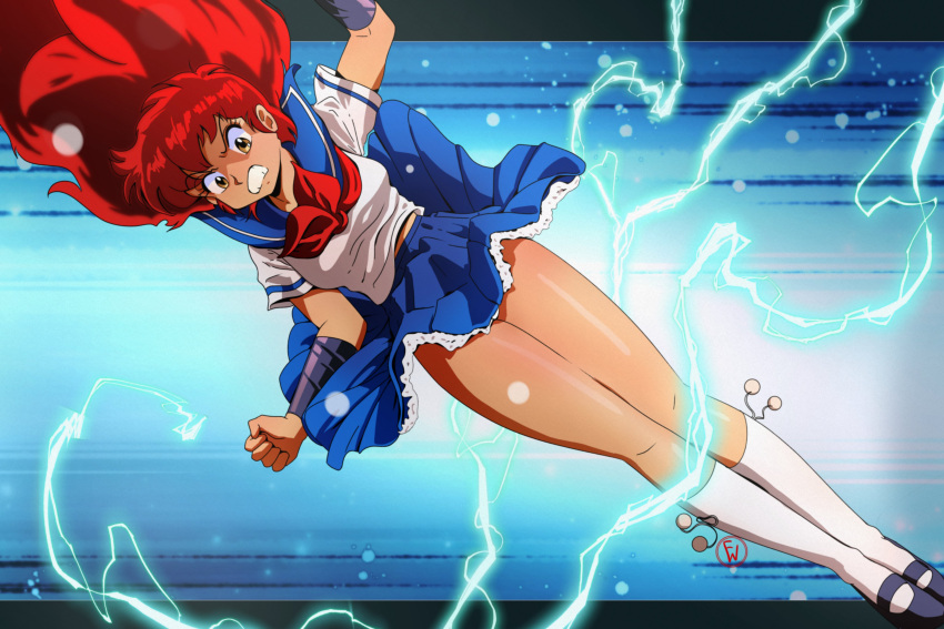 1980s_(style) 1girl absurdres blue_sky brown_eyes clenched_hands clothes_lift derivative_work electricity english_commentary flying_kick fritz_willie full_body grimace highres kicking kneehighs legs legs_together long_hair magami_eiko mary_janes project_a-ko red_hair retro_artstyle school_uniform screencap_redraw serafuku shoes skirt skirt_lift sky socks solo tan teeth w_arms white_socks wind wind_lift