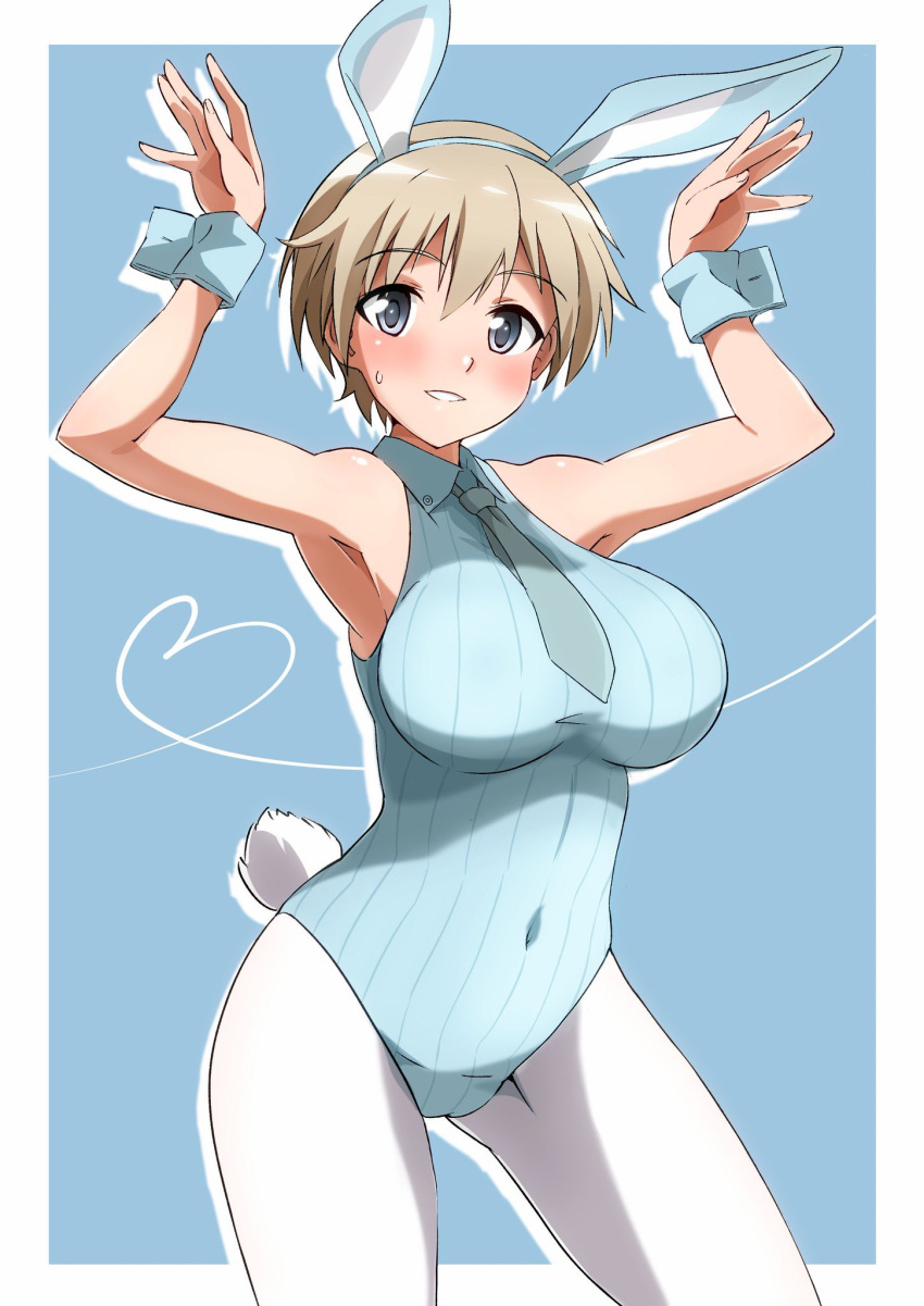 1girl animal_ears armpits blonde_hair blue_background blue_eyes blue_leotard blush brave_witches breasts bunny_pose cameltoe covered_navel fake_animal_ears fake_tail highres large_breasts leotard looking_at_viewer necktie nikka_edvardine_katajainen pantyhose playboy_bunny rabbit_ears rabbit_tail shiny shiny_hair shiny_skin short_hair simple_background smile solo sweat tail tricky_46 white_pantyhose world_witches_series