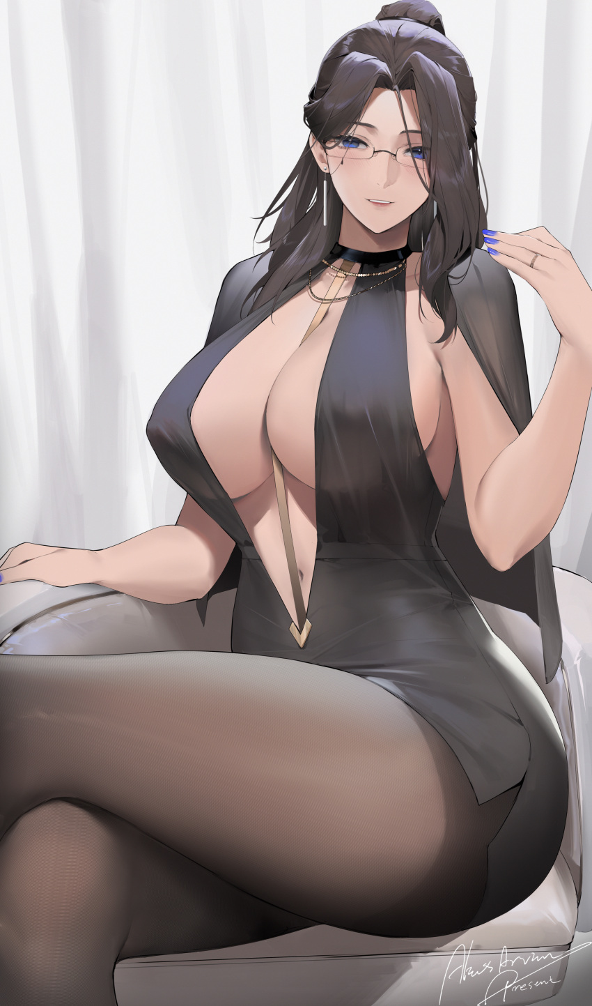 1girl absurdres alios_arvin artist_name bangs between_breasts black_hair blue_eyes blue_nails blush breasts capelet cleavage commentary covered_nipples crossed_legs dress earrings fingernails glasses highres inoue_iris_(sdustz) jewelry large_breasts lips long_hair looking_at_viewer mature_female mole mole_under_eye nail_polish original pantyhose parted_lips ponytail ring shiny shiny_clothes short_dress signature simple_background sitting sleeveless smile solo