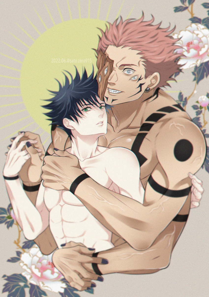 2boys abs arm_tattoo bangs black_nails chest_tattoo collarbone commentary_request couple cropped_torso evil_grin evil_smile extra_arms extra_eyes facial_tattoo fingernails flower fushiguro_megumi green_eyes grey_eyes grin highres holding_hands hug jujutsu_kaisen looking_at_viewer male_focus multiple_boys muscular muscular_male pectorals pink_hair ryoumen_sukuna_(jujutsu_kaisen) sato_zero915 short_hair shoulder_tattoo size_difference smile spiked_hair tattoo topless_male veins yaoi