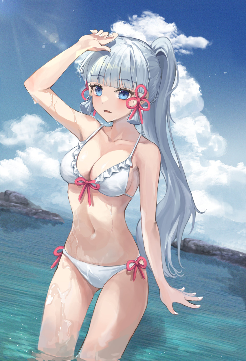 1girl absurdres arm_up bangs bare_arms bare_shoulders bikini blue_eyes blue_hair blue_sky blunt_bangs breasts cleavage cloud collarbone commentary cowboy_shot day front-tie_bikini front-tie_top genshin_impact highres kamisato_ayaka long_hair looking_at_viewer mas_(maseu) medium_breasts nail_polish navel parted_lips ponytail side-tie_bikini sky solo standing stomach swimsuit thighs very_long_hair wading water wet white_bikini white_nails