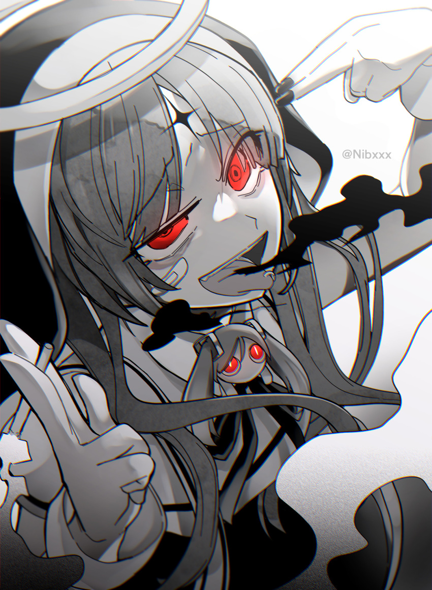 1girl aimaina bandaid bandaid_on_face cigarette commentary dress facial_mark finger_gun finger_gun_to_head forehead_mark god-ish_(vocaloid) greyscale habit halo hatsune_miku highres holding holding_cigarette monochrome nail_polish nibxxx piercing red_eyes salute sleeveless sleeveless_dress smoke solo spot_color tongue_piercing two-finger_salute vocaloid wrist_cuffs