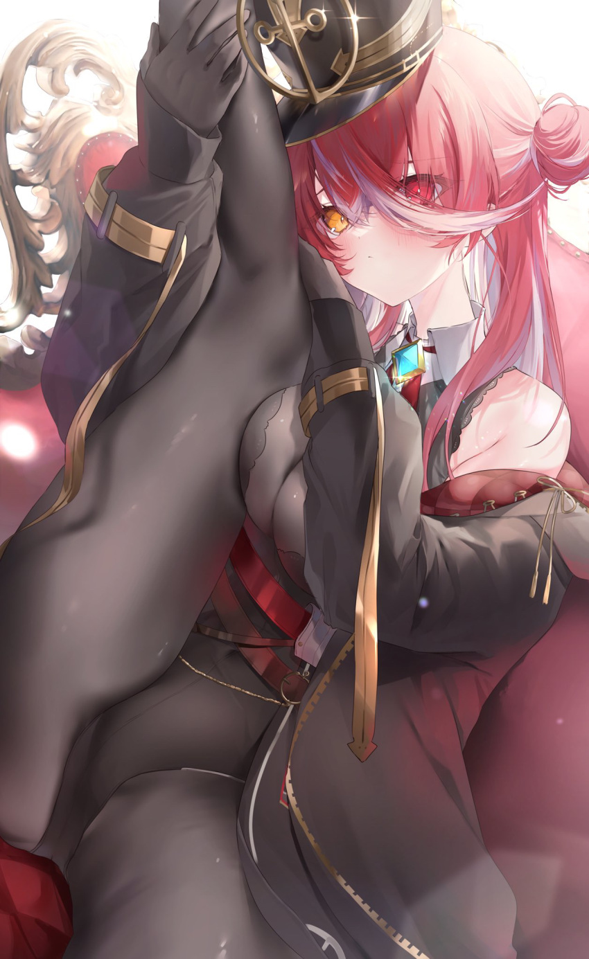 1girl bare_shoulders belt black_coat black_gloves black_headwear black_leotard blush bodysuit bodysuit_under_clothes breasts closed_mouth coat couch covered_navel eyes_visible_through_hair glint gloves hair_bun hair_over_one_eye harui_(hr_x9_) hat heterochromia highres hololive houshou_marine large_breasts leg_up leotard long_sleeves looking_at_viewer multicolored_hair on_couch open_clothes open_coat red_eyes red_hair single_hair_bun sitting solo spread_legs two-tone_hair virtual_youtuber white_hair yellow_eyes