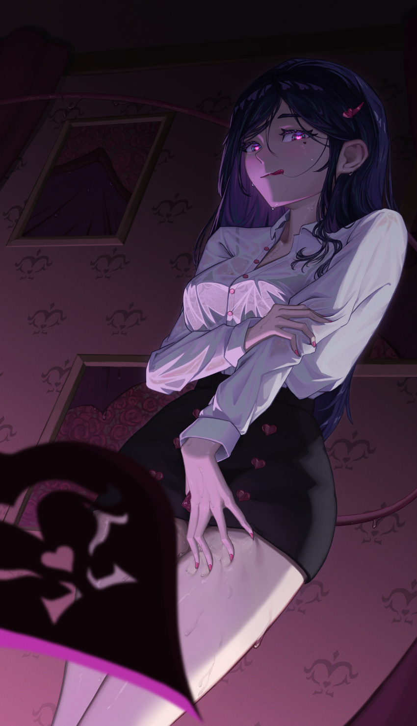1girl absurdres bangs bare_legs black_hair breasts buttons collared_shirt dark_room demon_girl demon_tail fingernails from_below gallad hair_ornament hairclip hand_on_own_thigh heart heart-shaped_pupils heart_button highres indoors licking_lips long_hair long_sleeves looking_at_viewer looking_down mole mole_under_eye open_collar original parted_bangs pencil_skirt picture_frame purple_eyes red_nails shirt skirt sweat sweaty_clothes symbol-shaped_pupils tail thighs tongue tongue_out wet wet_clothes white_shirt
