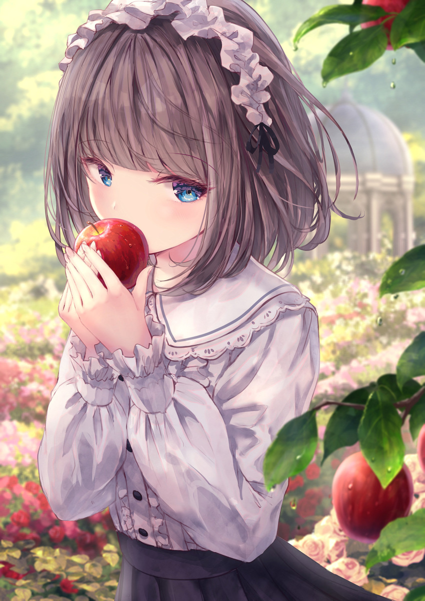 apple bangs black_skirt blue_eyes blunt_bangs blurry blurry_background blurry_foreground blush branch brown_hair collared_shirt commentary covering_mouth day depth_of_field flower food frilled_sleeves frills fruit garden gazebo hairband highres holding holding_food holding_fruit leaf lolita_hairband long_sleeves looking_at_viewer missile228 original outdoors pink_flower pink_rose red_flower red_rose rose shirt short_hair skirt symbol-only_commentary tree upper_body water_drop white_shirt